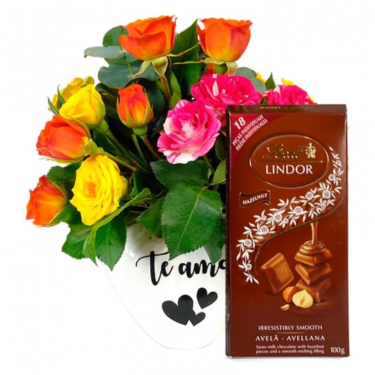 White Heart Arrangement with Mini Colored Roses and Lindt Hazelnut