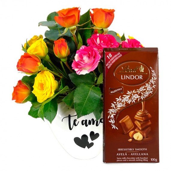 White Heart Arrangement with Mini Colored Roses and Lindt Hazelnut