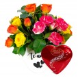 White Heart Arrangement with Mini Colored Roses and Lindt Heart S