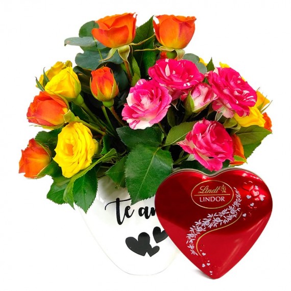 White Heart Arrangement with Mini Colored Roses and Lindt Heart S