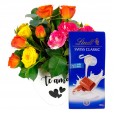 White Heart Arrangement with Mini Colored Roses and Lindt Swiss Classic