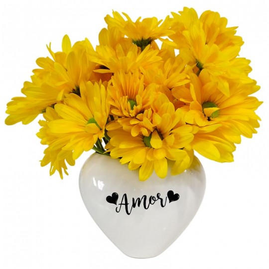 Arranjo Coração Branco com Margaridas Amarelas