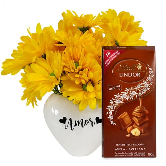 White Heart Arrangement with Yellow Daisies and Lindt Hazelnut