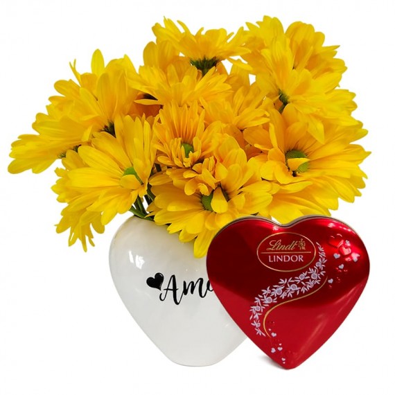 White Heart Arrangement with Yellow Daisies and Lindt Heart S