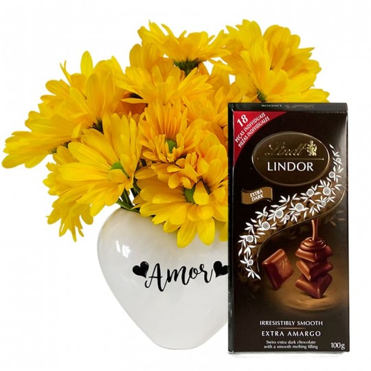 Arranjo Coração Branco com Margaridas Amarelas e Lindt Dark