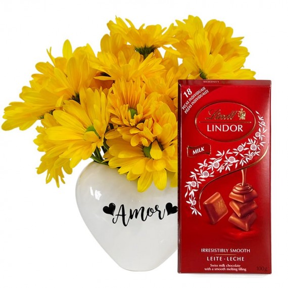 White Heart Arrangement with Yellow Daisies and Lindt Milk
