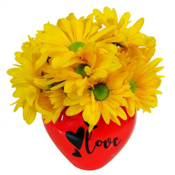 Red Heart Arrangement with Yellow Daisies