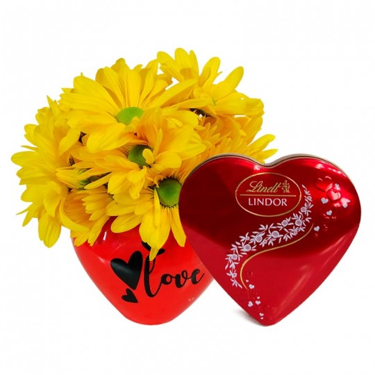 Arranjo Coração Vermelho com Margaridas Amarelas e Lindt Coração P