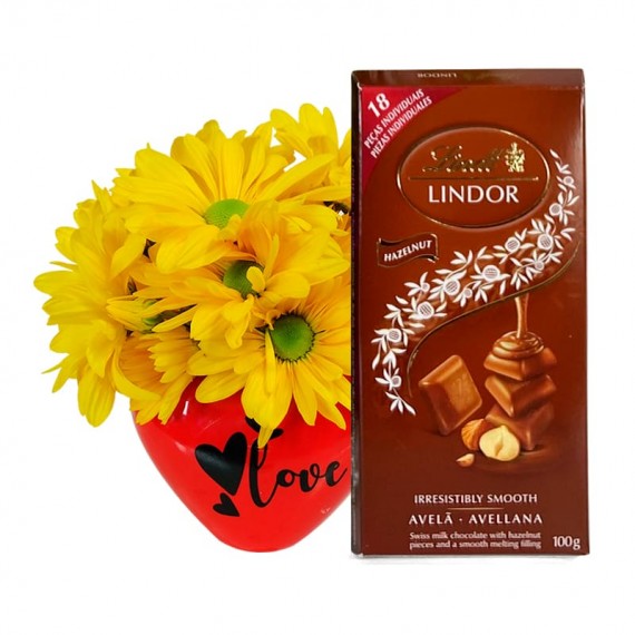 Red Heart Arrangement with Yellow Daisies and Lindt Hazelnut