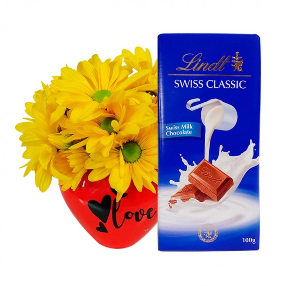 Red Heart Arrangement with Yellow Daisies and Lindt Swiss Classic