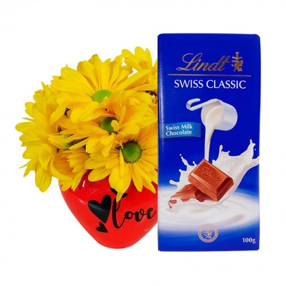 Arranjo Coração Vermelho com Margaridas Amarelas e Lindt Swiss Classic