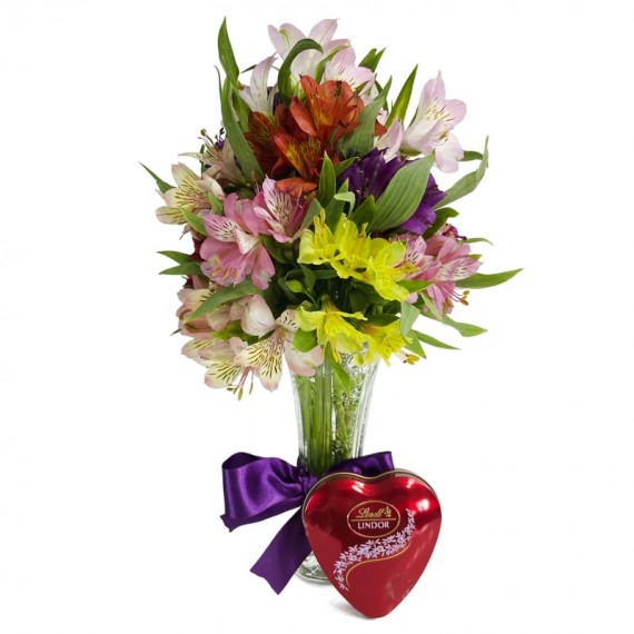Arrangement of Colorful Astromelias and Lindt Coração P