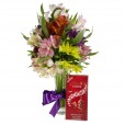 Arrangement of Colored Astromelias and Swiss Milk Bar Lindt