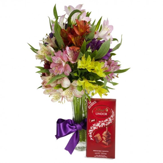 Arrangement of Colored Astromelias and Swiss Milk Bar Lindt