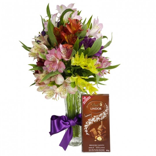Arrangement of Colorful Astromelias and Swiss Milk Bar with Hazelnuts Lindt