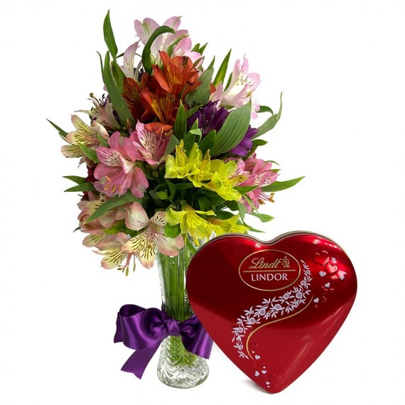Arrangement of Colorful Astromelias and Lindt Heart G