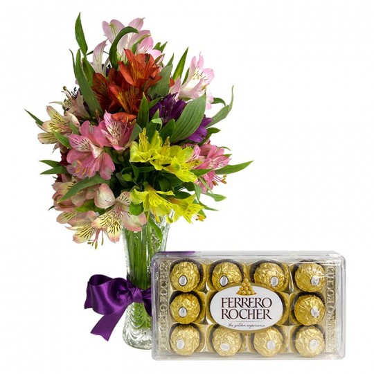 Arranjo de Astromélias Coloridas e Ferrero Rocher G