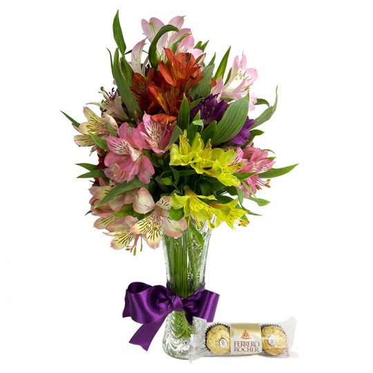 Arrangement of Colorful Astromelias and Ferrero Rocher P