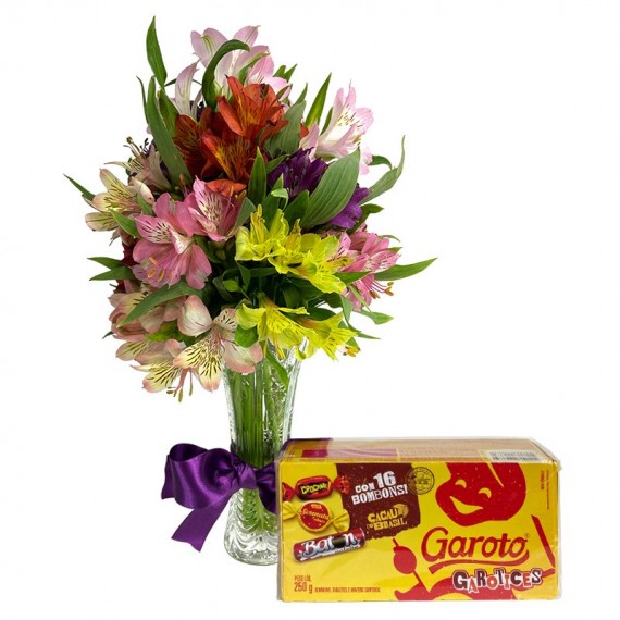 Arrangement of Colorful Astromelias and Garoto Chocolate Box