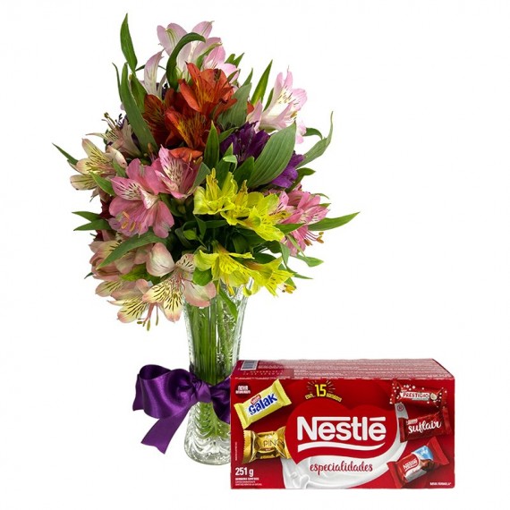 Arrangement of Colorful Astromelias and Nestlé Chocolate Box