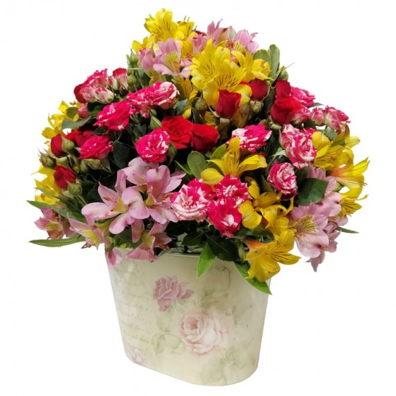 Arrangement of Astromelia and Mini Roses in Cachepot