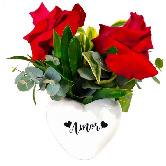White Heart Arrangement with Two Colombian Roses