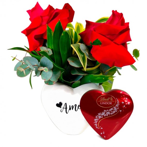 White Heart Arrangement with Two Colombian Roses and Lindt Heart P