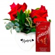 White Heart Arrangement with Two Colombian Roses and Lindt Milk