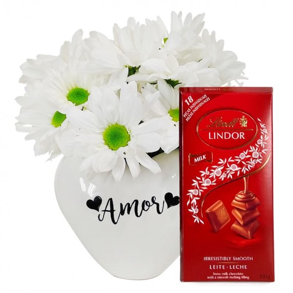 White Heart Arrangement with White Daisies and Lindt Milk