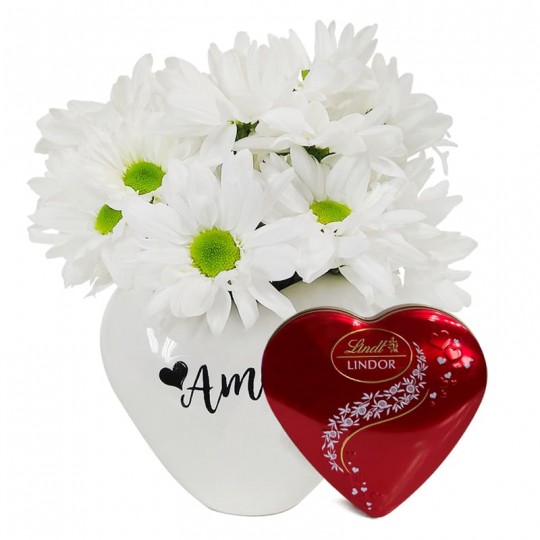 Arranjo Coração Branco com Margaridas Brancas e Lindt Coração P