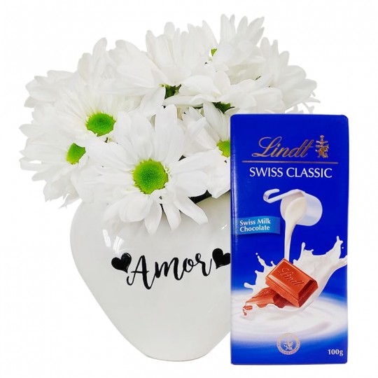 White Heart Arrangement with White Daisies and Lindt Swiss Classic