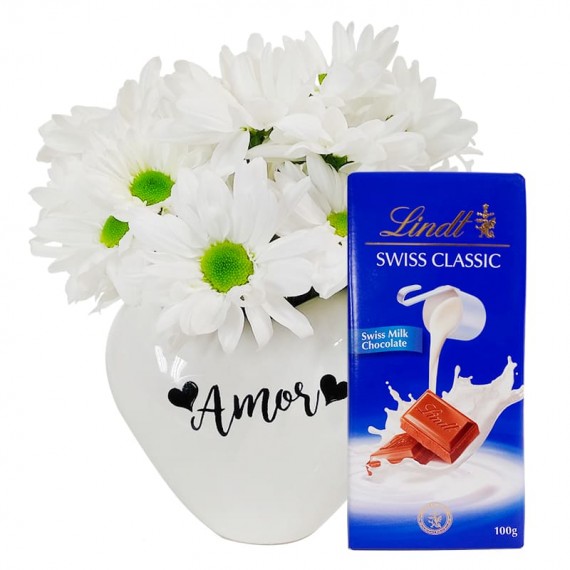 White Heart Arrangement with White Daisies and Lindt Swiss Classic