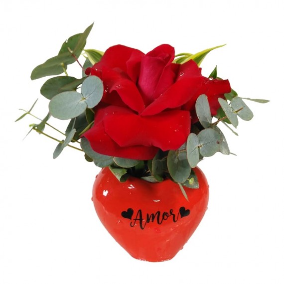 Arranjo Coração Vermelho com Uma Rosa Colombiana