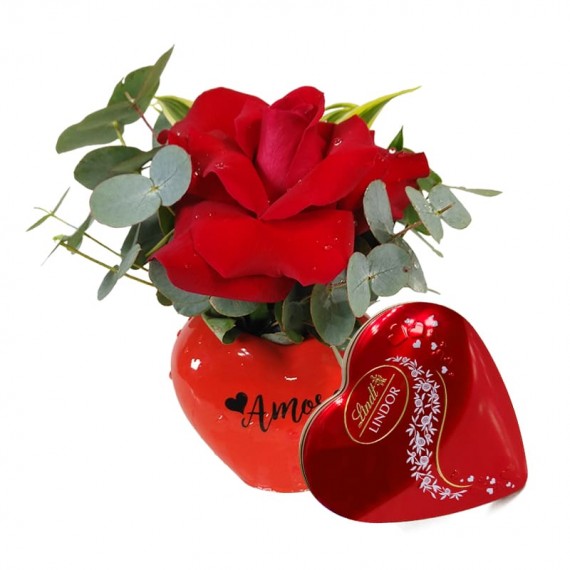 Red Heart Arrangement with A Colombian Rose and Lindt Heart P
