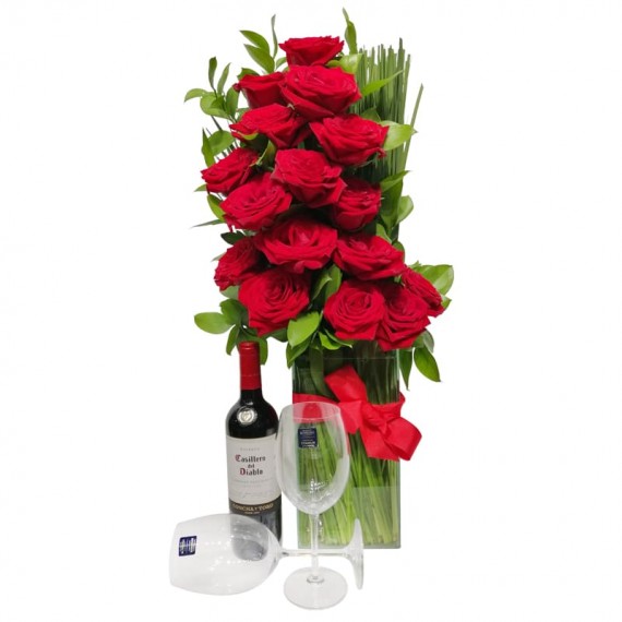 Elegance Arrangement with Colombian Roses, Wine and Glasses