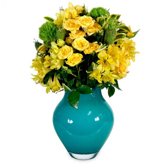 Arranjo Mix Flores Amarelas em Vaso de Vidro Azul Tiffany