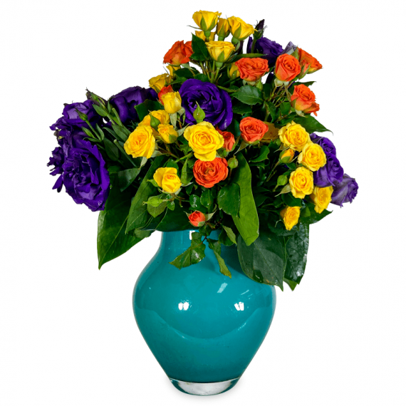 Arrangement Mix Mini Colorful Roses in Tiffany Blue Glass Vase