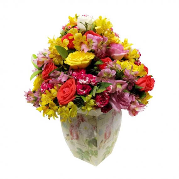 Large Arrangement of Astromelia, Mini Roses and National Roses in flowery cachepot