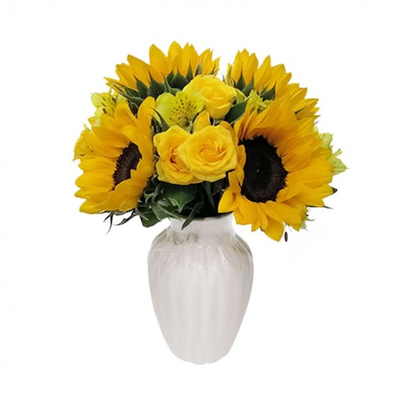 Sunflower Arrangement, Astromeliads and Mini Roses in Ceramic Vase