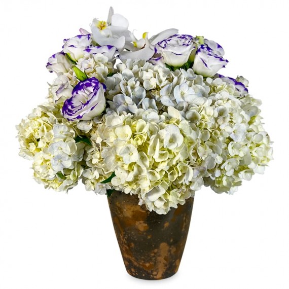 Arrangement of Hydrangeas in Rust-colored Vase