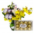 Arrangement with Roses, Lisianthus and Golden Rain Orchids and Ferrero Rocher G