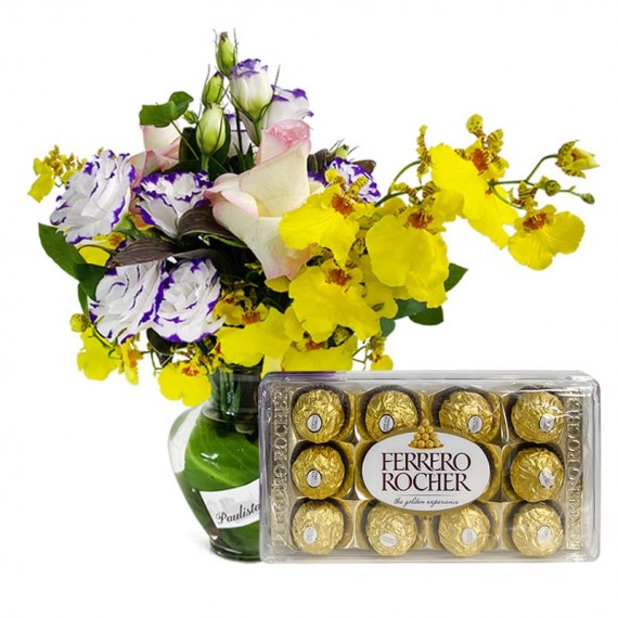 Arrangement with Roses, Lisianthus and Golden Rain Orchids and Ferrero Rocher G