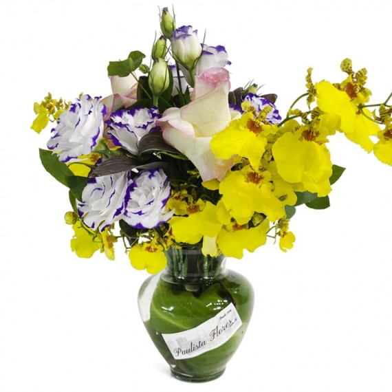 Arrangement with Roses, Lisianthus and Golden Rain Orchids