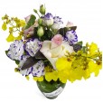 Arrangement with Roses, Lisianthus and Golden Rain Orchids and Ferrero Rocher G