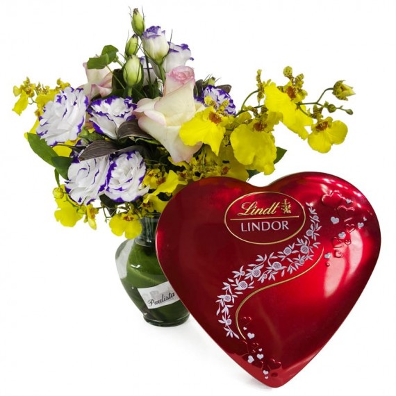Arrangement with Roses, Lisianthus, Golden Rain Orchids and Lindt Heart G