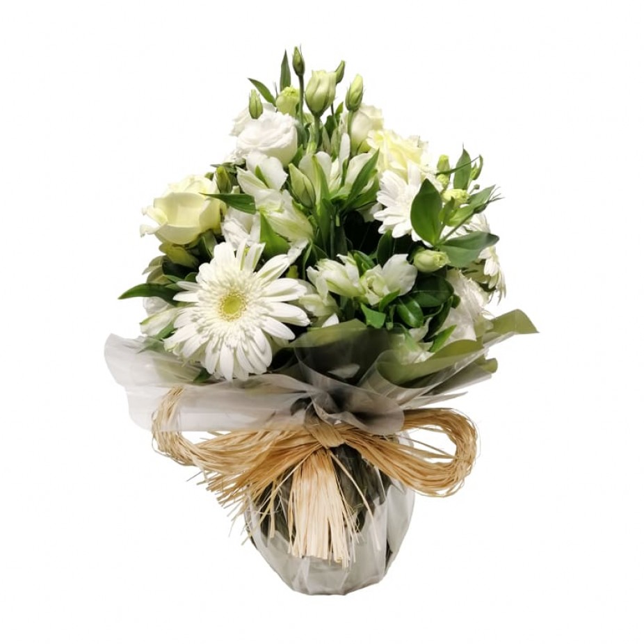 Arrangement of Lysiantos, White Roses, Gerberas and Astromelia