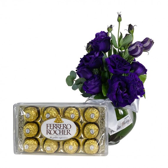Arranjo com Lisianthus Roxos e Ferrero Rocher 150 g