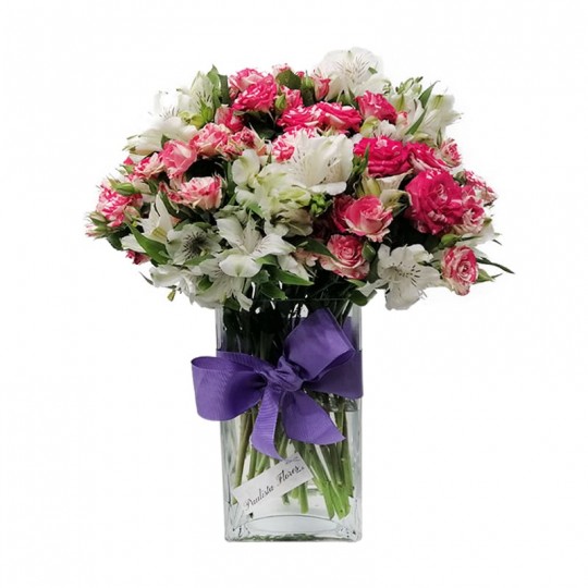 Large Arrangement of Mini Roses and Astromeliads in Glass Vase