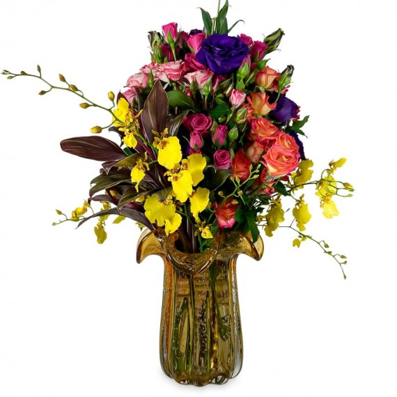 Mixed Arrangement of Flowers in Amber Glass Vase
