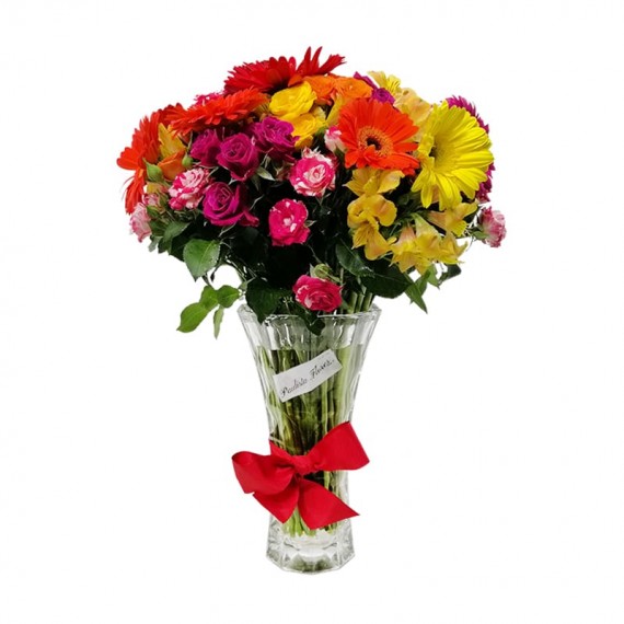 Large Arrangement of Mini Roses, Gerberas and Astromeliads in Glass Vase